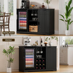 Coffee Bar Cabinet with Fridge (Fridge Included), Fluted Wine Bar Cabinet with Wine Rack and Glass Holder, Buffet Sideboard Table Liquor Cabinet with Drawer & Storage, Home Bar, Black
