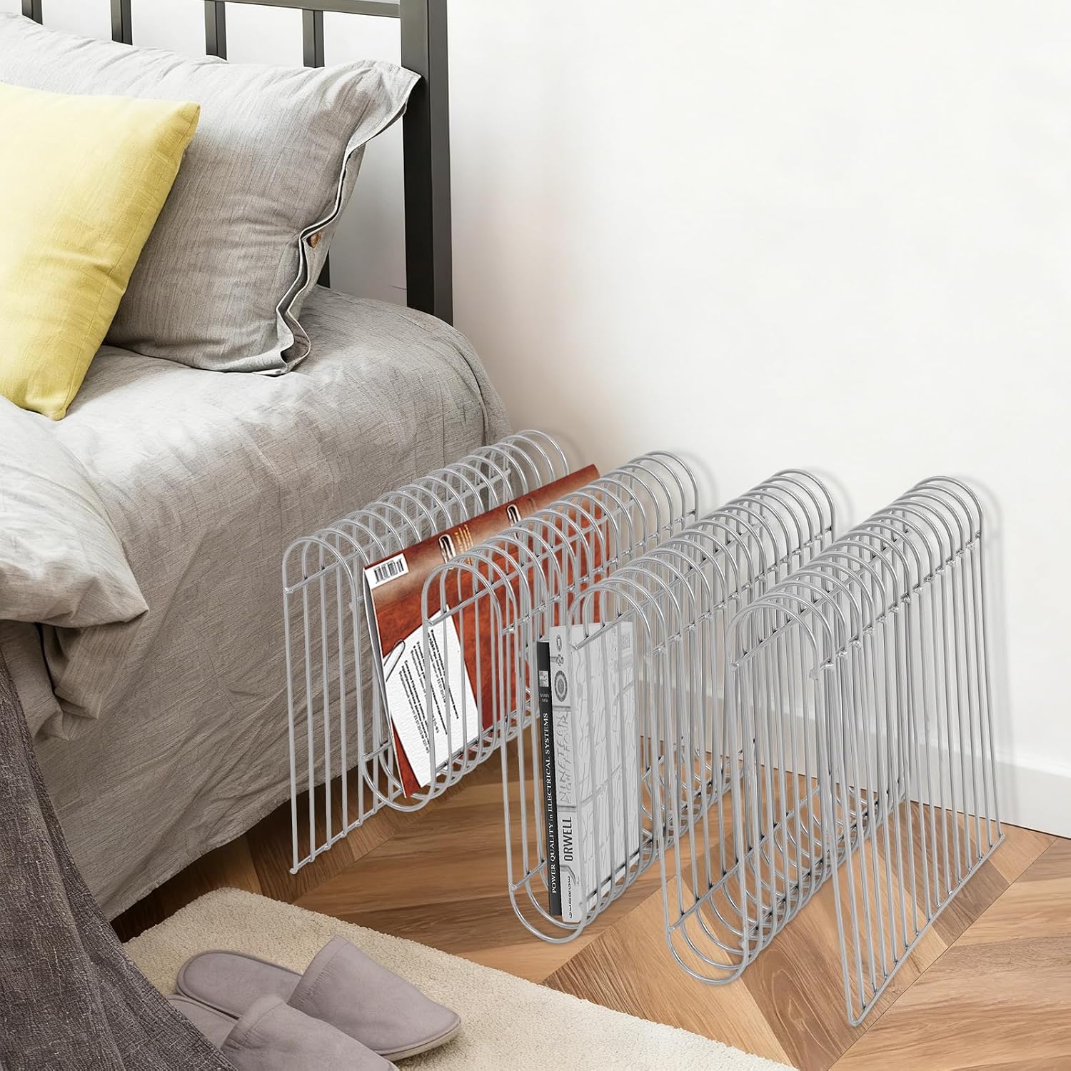 Metal Side Table,Creative Shape Bedside End Table with Magazine Rack,Wire Cube Storage Rack,Multi-Purpose Desktop Shelf for Compact Spaces,Living Bedroom Office Apartment (Silver, 16.92x11.8x11.8″)