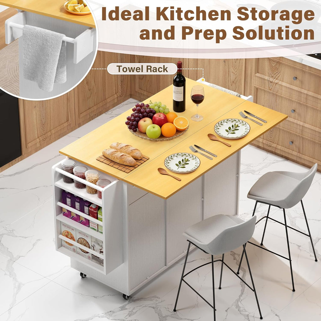 YESHOMY Kitchen Island on Wheels with Trash Cabinet, 56" Mobile Cart with Drop Leaf and Drawers, Rolling Portable Table with Spice Rack & Towel Holder for Dining Room, White & Oak