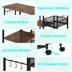 HapiRm Rolling Kitchen Carts with Storage - Microwave Table Stand with 6 Hooks & 3 Baskets, kitchen Island Cart on Lockable Wheels, 28.3" L × 14.6" W Bakers Rack Cart for Dining Room Coffee Bar Office