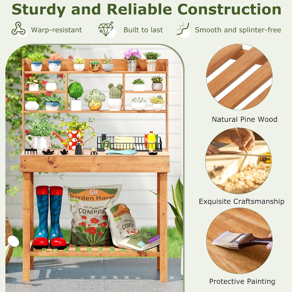 Giantex Potting Bench, Outside Solid Wood Potting Table with Flip-up Tabletop, Shelves, Indoor Outdoor Wooden Workbench for Patio Porch Balcony, Potted Plant Display Rack, 42"x18"x60", Brown