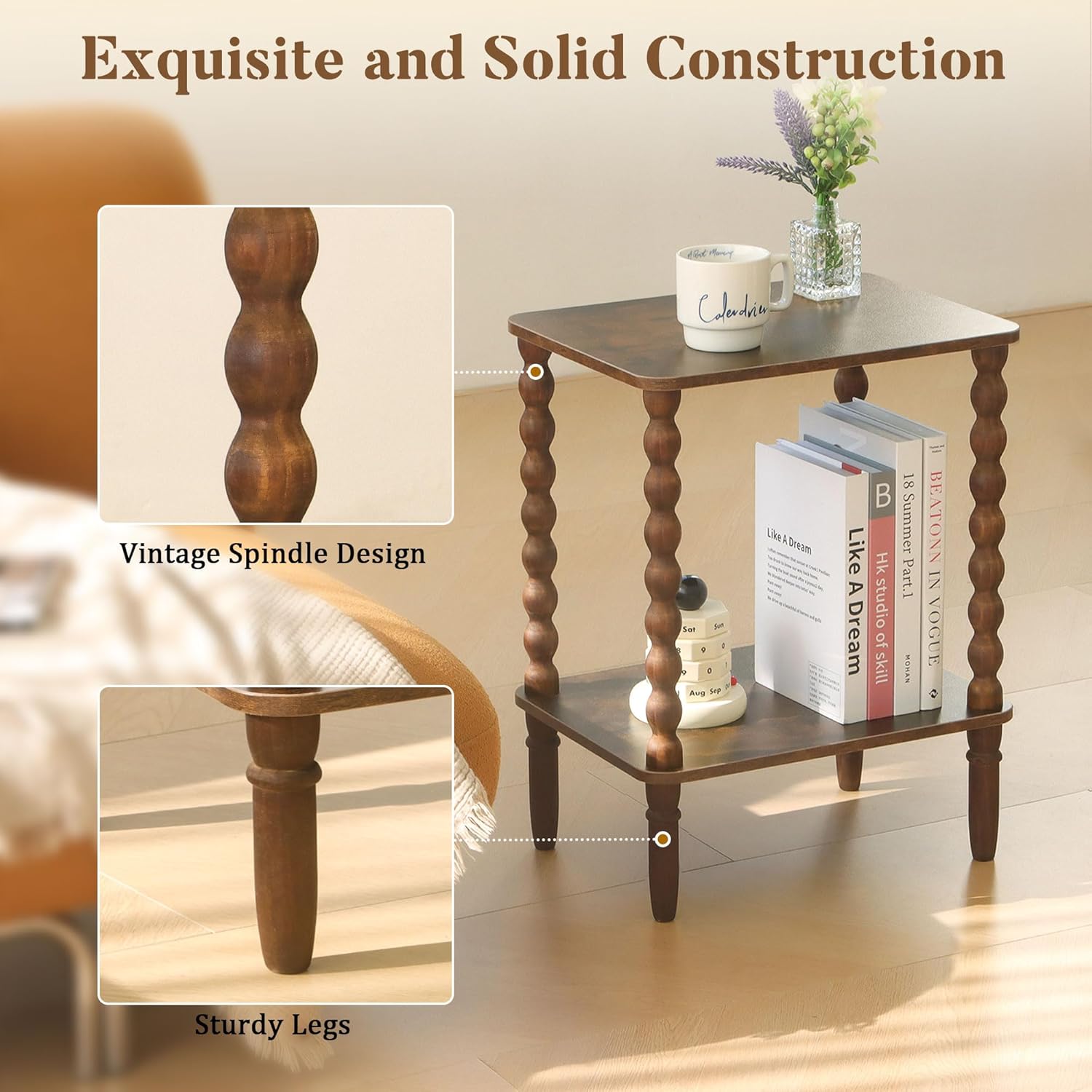 Fultyle Side Table, Small End Table with Storage Shelf, 2-Tier Small Coffee Tables Living Room for Bedroom, Narrow Spaces (Rustic Brown)