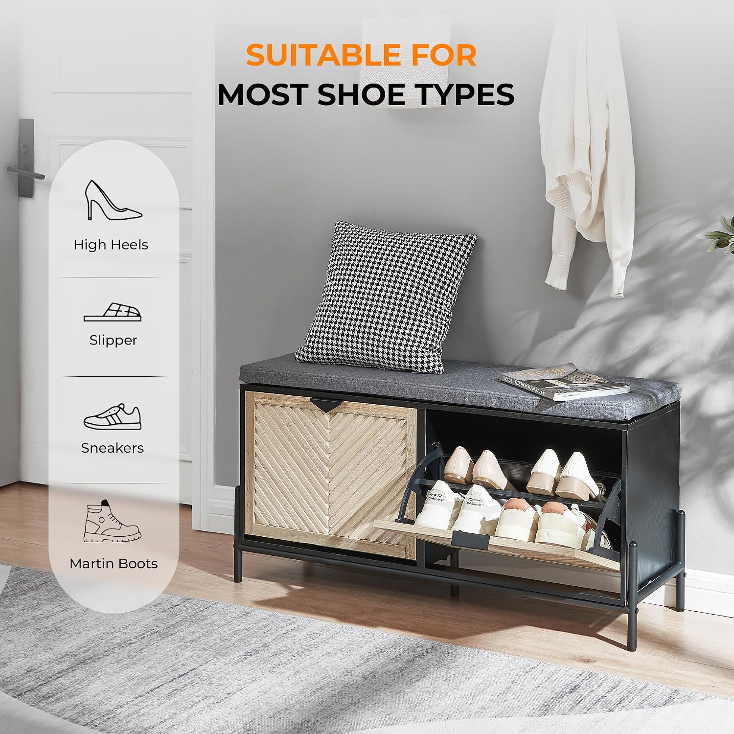 Shoe Storage Bench with 2 Flip Drawers, Shoe Organizer Cabinet Benches with Cushion Shoe Rack for Front Door Entrance Entryway Living Room(Oak&Black)