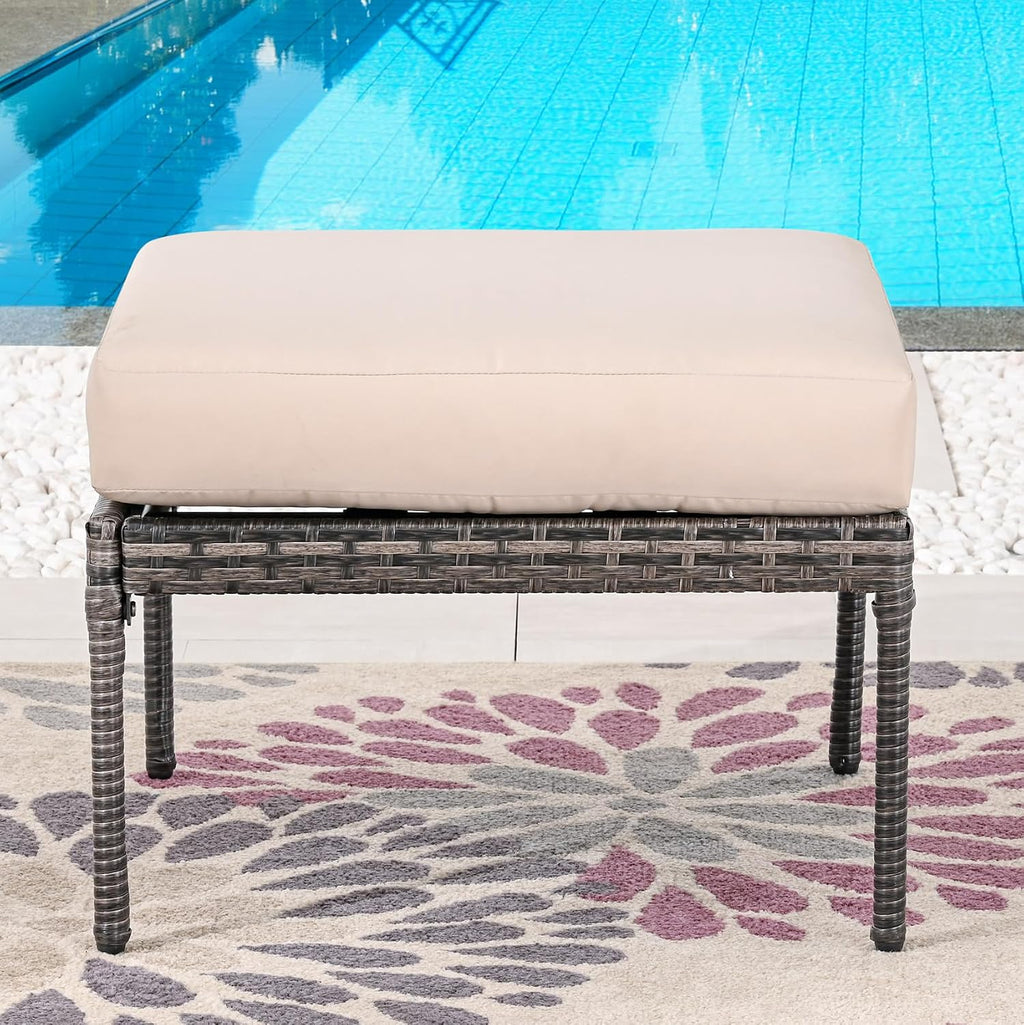 Outdoor Cushioned Ottoman Metal Patio Furniture Ottoman with Beige Cushion Steel Frame