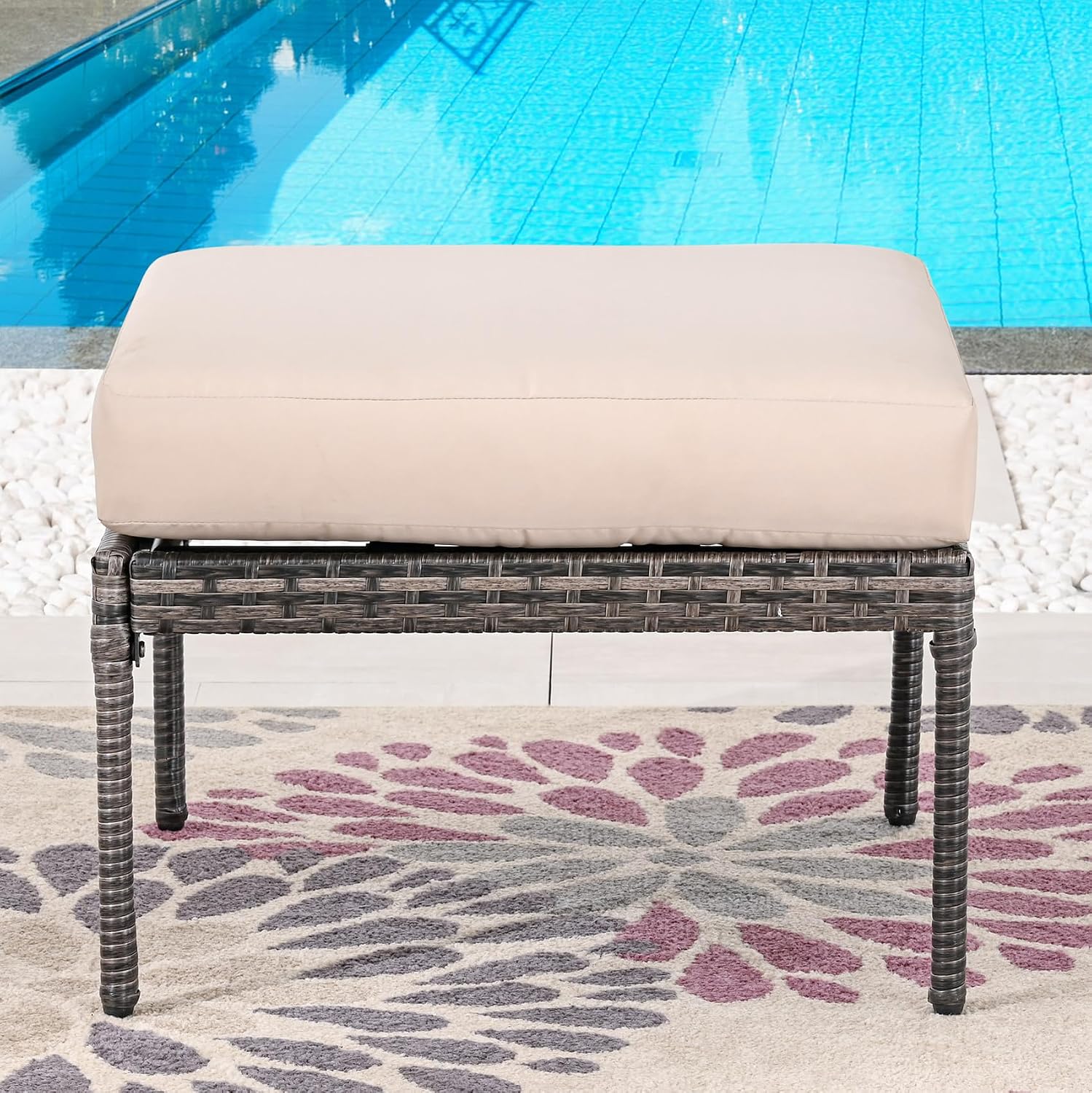 Outdoor Cushioned Ottoman Metal Patio Furniture Ottoman with Beige Cushion Steel Frame