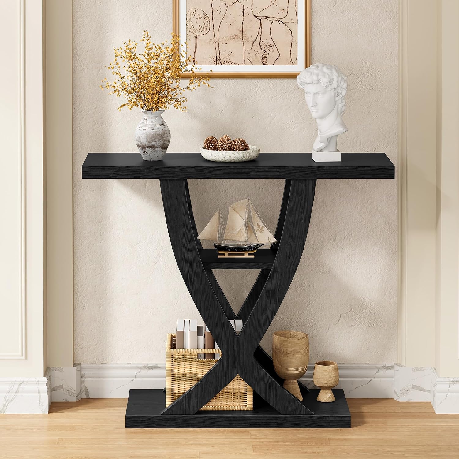FAVOOSTY Entryway Table, 3 Tier Hallway Table, Console Tables for Living Room, Narrow Entrance Table with Storage, Sofa Table Behind Counch, Accent Table for Entry Foyer, Black