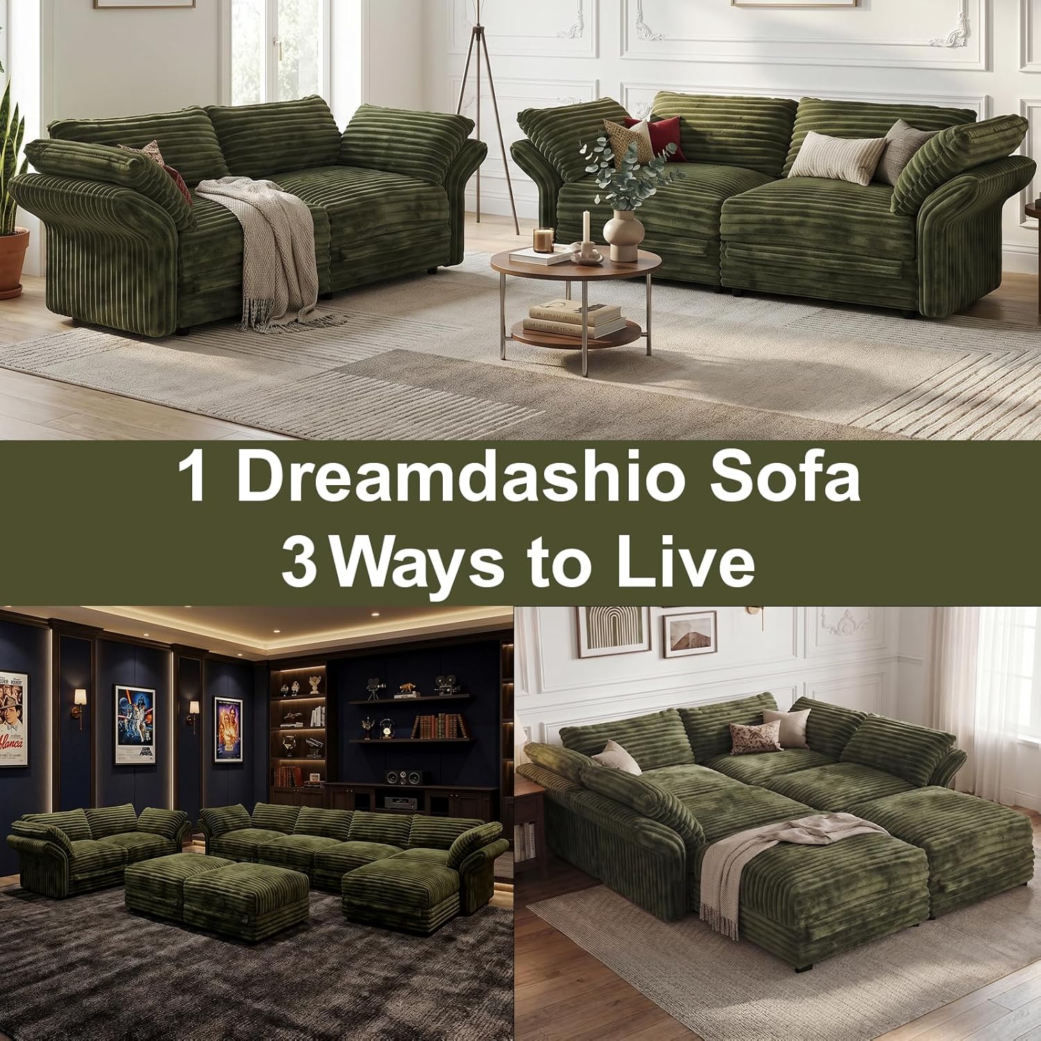 DreamDashio 7-Seat Sectional Sofa, Oversized Extra Wide Deep Seat Giant Detachable Modular Cloud Couch, Certified Corduroy Fabric with Storage & Detachable & Adjustable Arms, for Living Room, Green