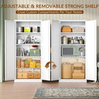 BESFUR 71" Tall White Kitchen Pantry Cabinet, Metal Food Storage Cabinet with 4 Adjustable Shelves, Freestanding Cupboard with Doors for Kitchen, Dining Room, Living Room, Bathroom, Laundry Room