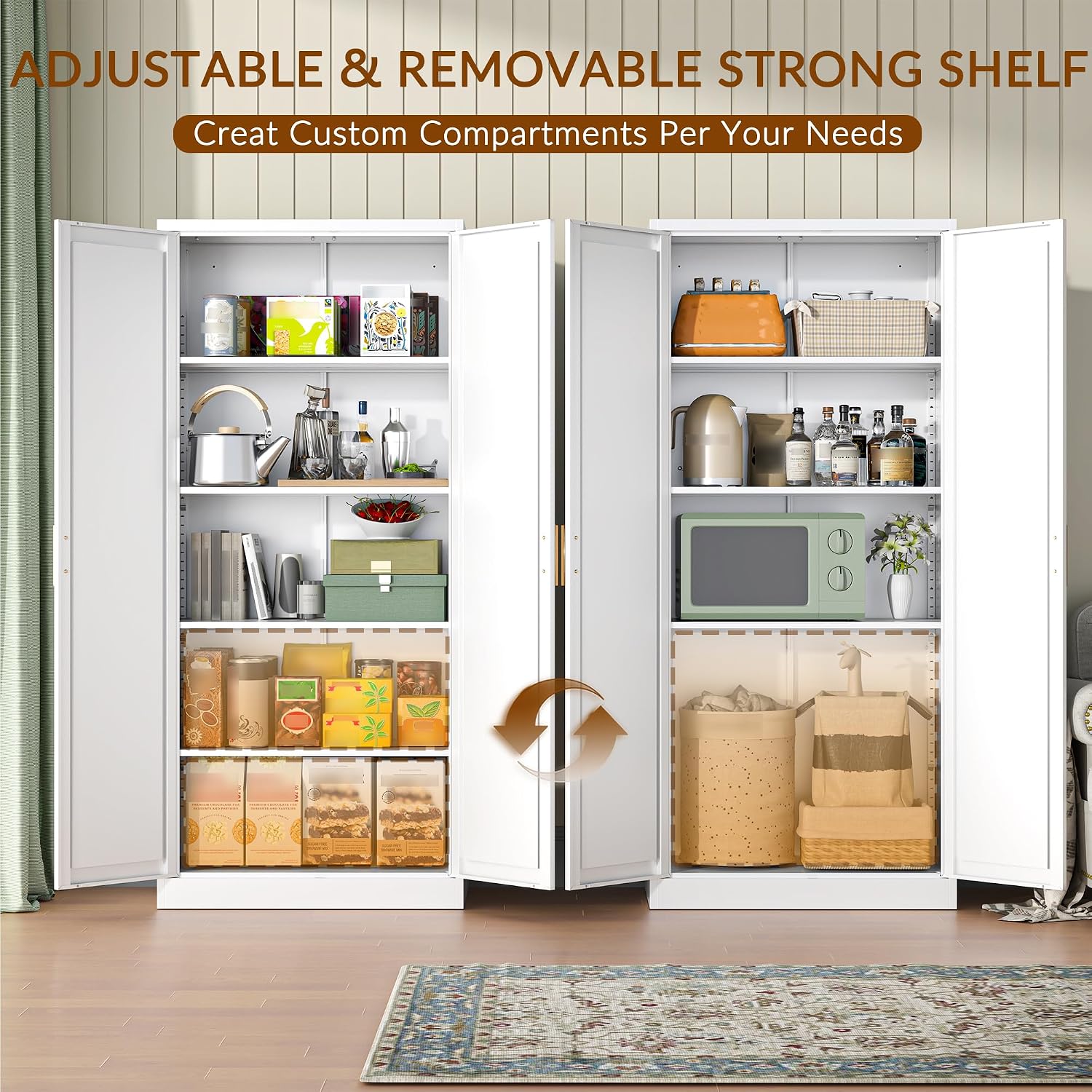 BESFUR 71" Tall White Kitchen Pantry Cabinet, Metal Food Storage Cabinet with 4 Adjustable Shelves, Freestanding Cupboard with Doors for Kitchen, Dining Room, Living Room, Bathroom, Laundry Room