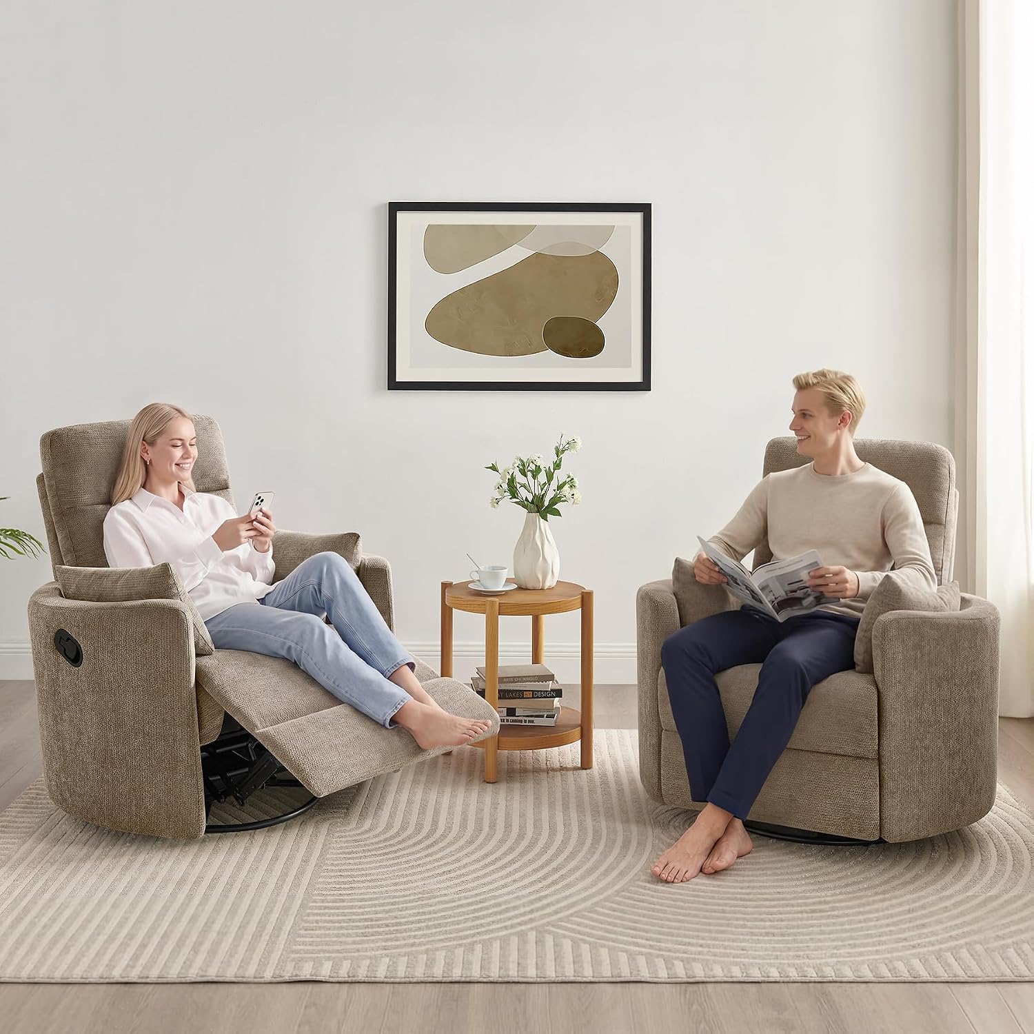 Oversized Nursery Rocking Chair, 360° Swivel Glider Recliner Chair, Chenille Silent Nursery Chair with 2 Pillows and Footrest, Cozy Reclining Sofa for Living Room, Bedroom, Nursing, Camel