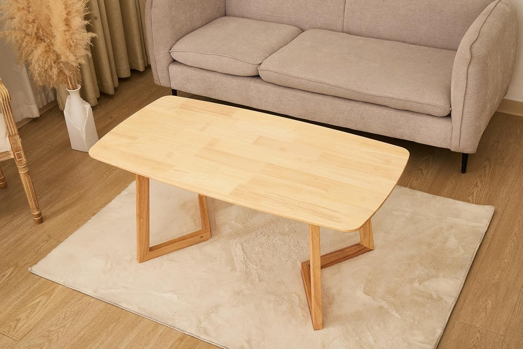 Mid-Century Modern Rectangular Coffee Table, Solid Wood Small Coffee Table with Unique Z-Shaped Legs, Minimalist Natural Wood End Table for Living Room, Apartment, Small Space, Easy Assembly