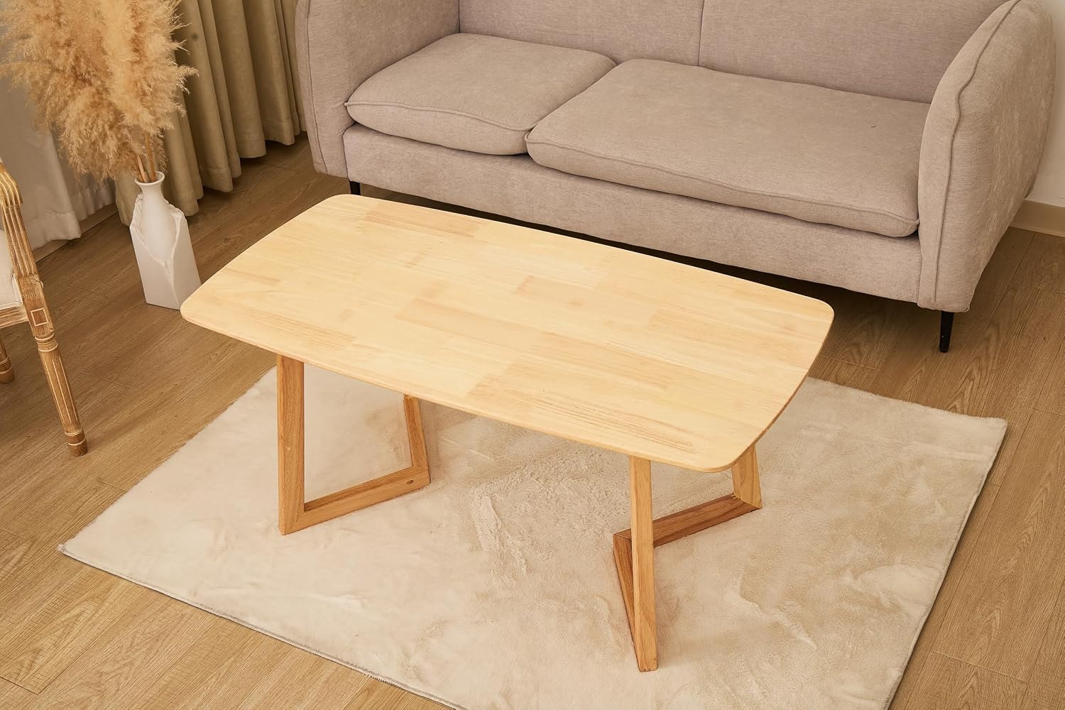 Mid-Century Modern Rectangular Coffee Table, Solid Wood Small Coffee Table with Unique Z-Shaped Legs, Minimalist Natural Wood End Table for Living Room, Apartment, Small Space, Easy Assembly