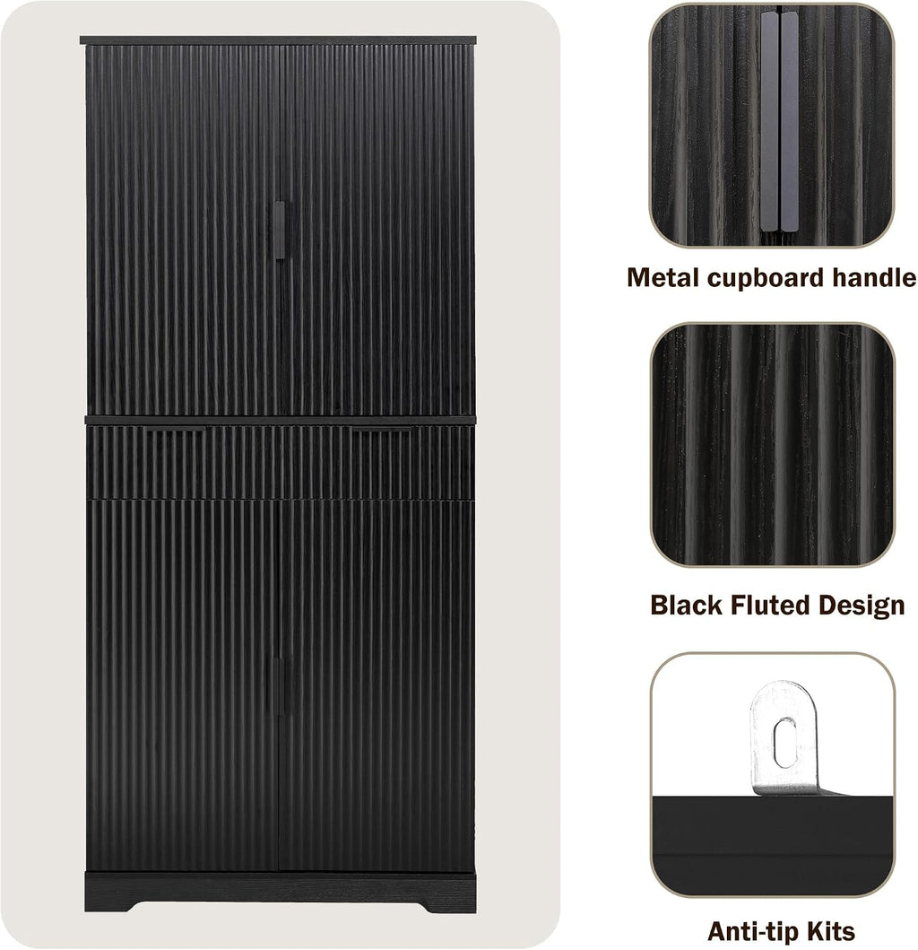 72'' Kitchen Pantry Storage Cabinet, Pantry Storage Cabinet with 3 Keyboard Drawers and 6 Door Shelves Adjustable, Freestanding Buffet Cabinet for Bathroom, Diningroom (Black)