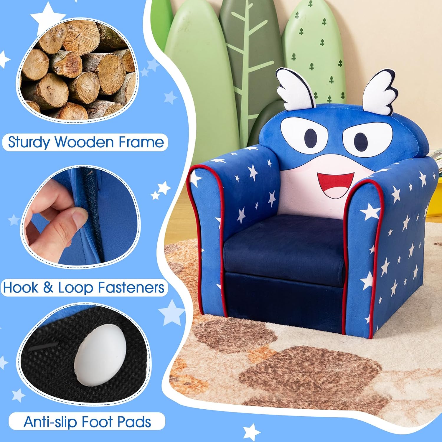 HONEY JOY Kids Couch, Toddler Sofa Armchair with Flyman Pattern, Children Mini Playroom Furniture, Sturdy Wooden Construction, Baby Small Armrest Chair, Lightweight Kids Sofa for Boys Girls (Blue)