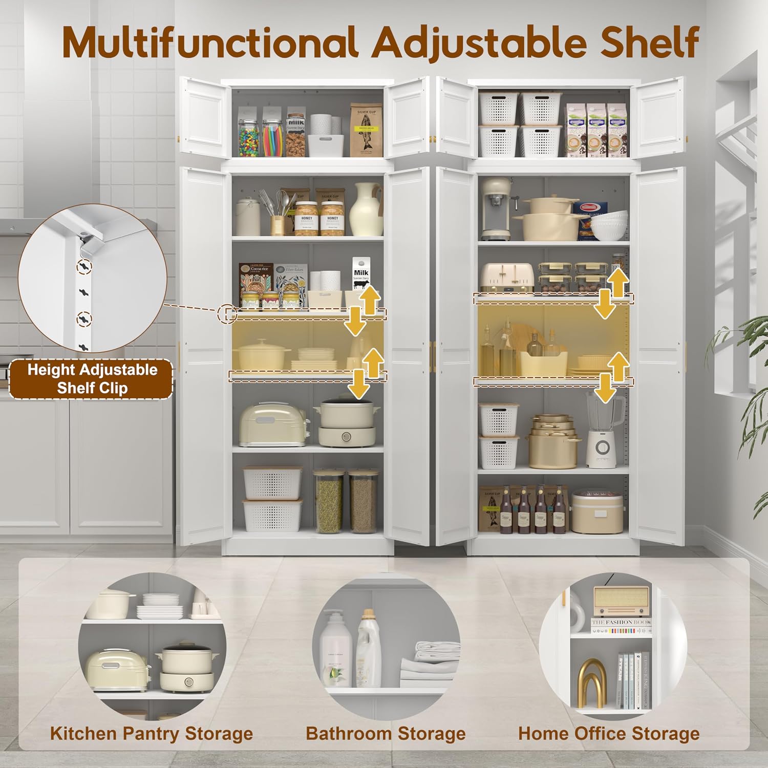 UNICOLY 86.61" H Kitchen Pantry Cabinet, Tall Storage Cabinet with Doors and 4 Shelves, Metal Storage Cabinets for Kitchens, Living Room, Dinning Room, Assembly Required, White