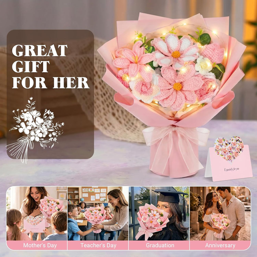 Crochet Flower Bouquet, Pink Handmade Knitted Flowers with Lights & Vase, Crochet Tulips Galsang Liliy Rose Daisy Flower for Mothers Day Graduation Wedding Lover Teacher Anniversary Birthday Gifts