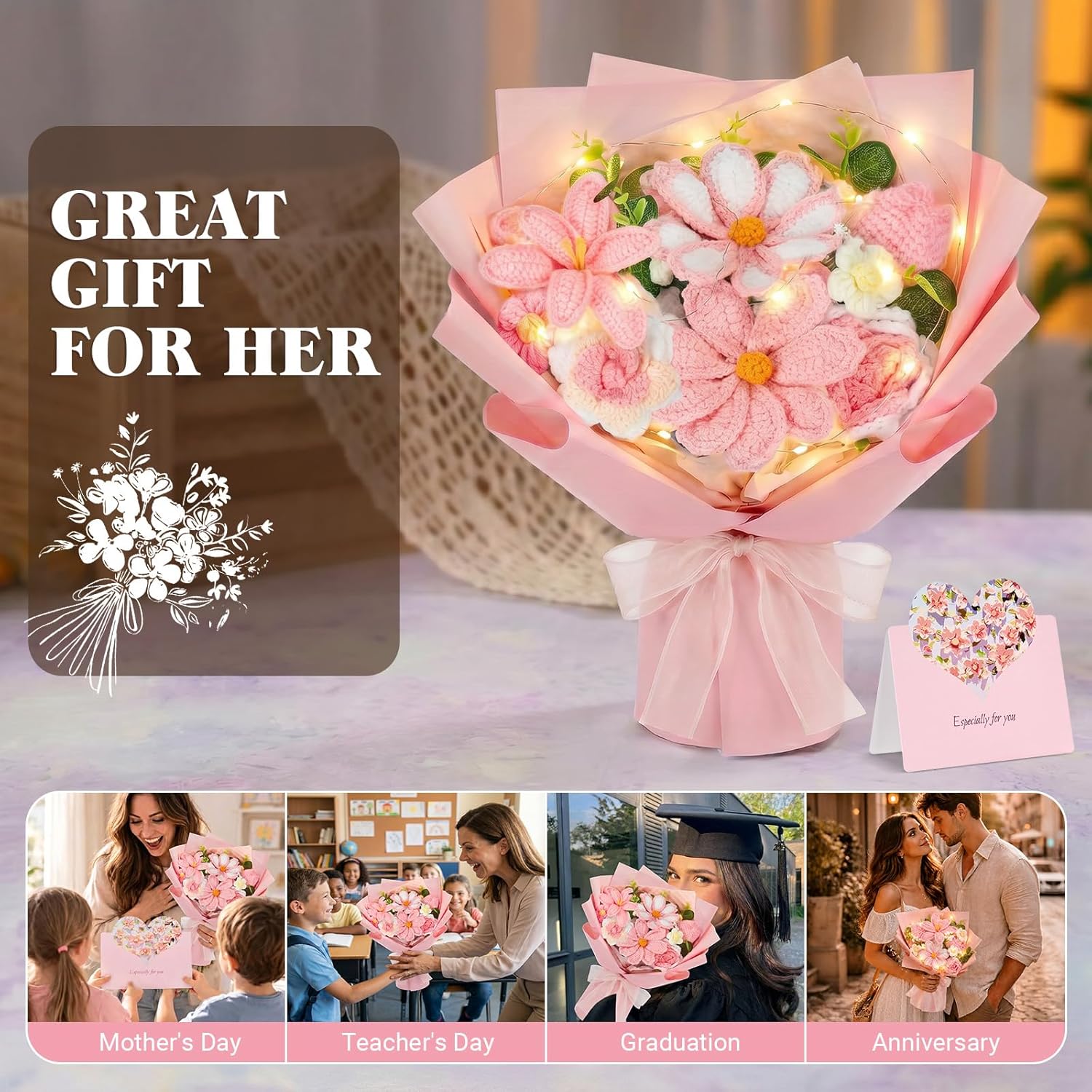 Crochet Flower Bouquet, Pink Handmade Knitted Flowers with Lights & Vase, Crochet Tulips Galsang Liliy Rose Daisy Flower for Mothers Day Graduation Wedding Lover Teacher Anniversary Birthday Gifts