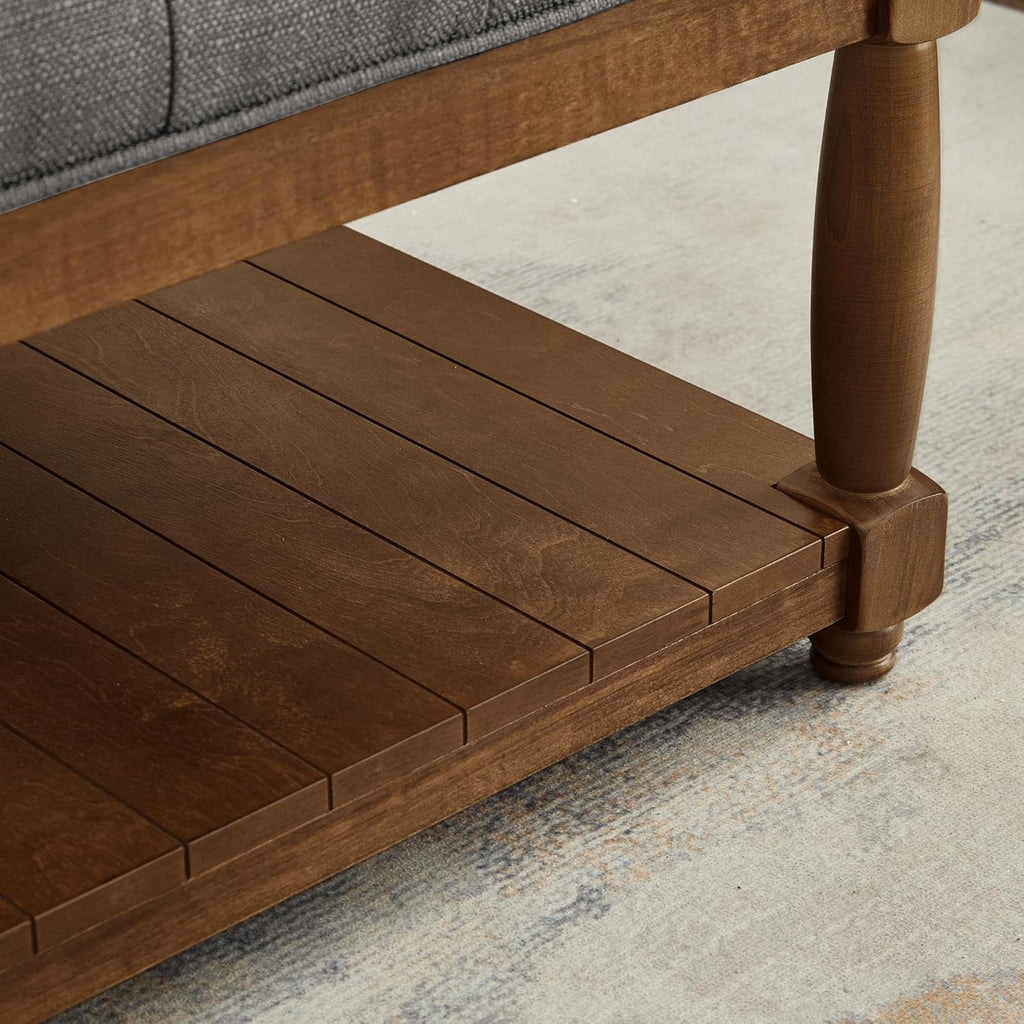 24KF Upholstered Square Coffee Table with Wooden Shelf, Tufted Button Large Square Ottoman with Spindle Wooden Legs, Linen Large Footrest Ottoman Pouf for Living Room, 5097-Granite
