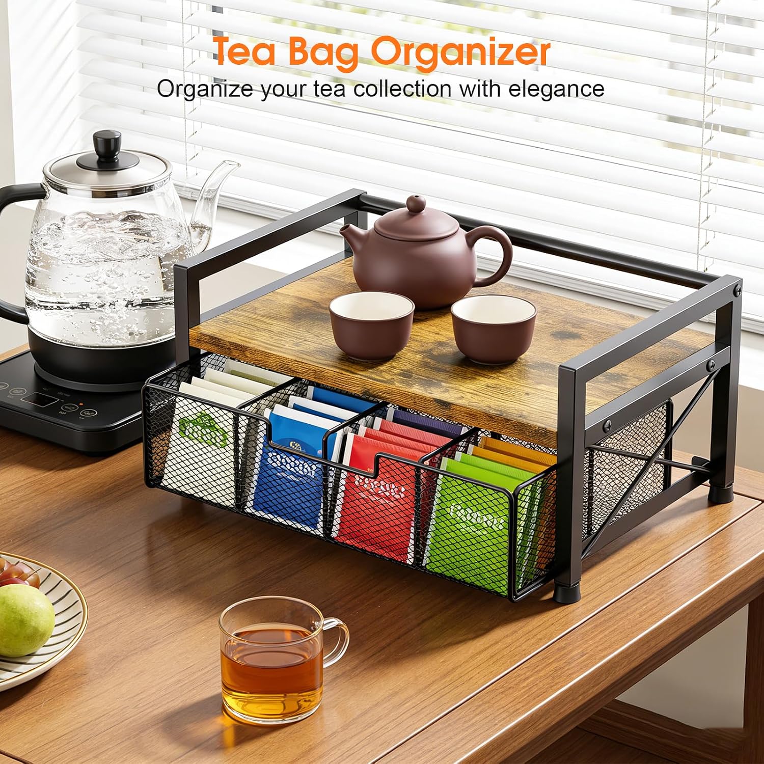 Tea Bag Organizer, Tea Organizers and Storage with 8 Compartments & Drawer, Wooden Metal Tea Bag Holder for Countertop Kitchen Office Tea Station, Rustic Brown