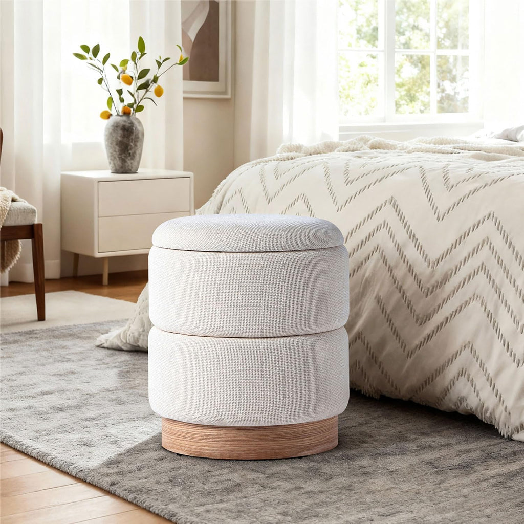 Get Set Style Round Ottoman with Storage, Modern Linen Ottoman Upholstered Foot Stools with Wood Base, Vanity Stool Chair, Footrest Stool Extra Seat for Living Room Bedroom Entryway (Beige)