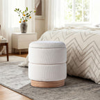 Get Set Style Round Ottoman with Storage, Modern Linen Ottoman Upholstered Foot Stools with Wood Base, Vanity Stool Chair, Footrest Stool Extra Seat for Living Room Bedroom Entryway (Beige)