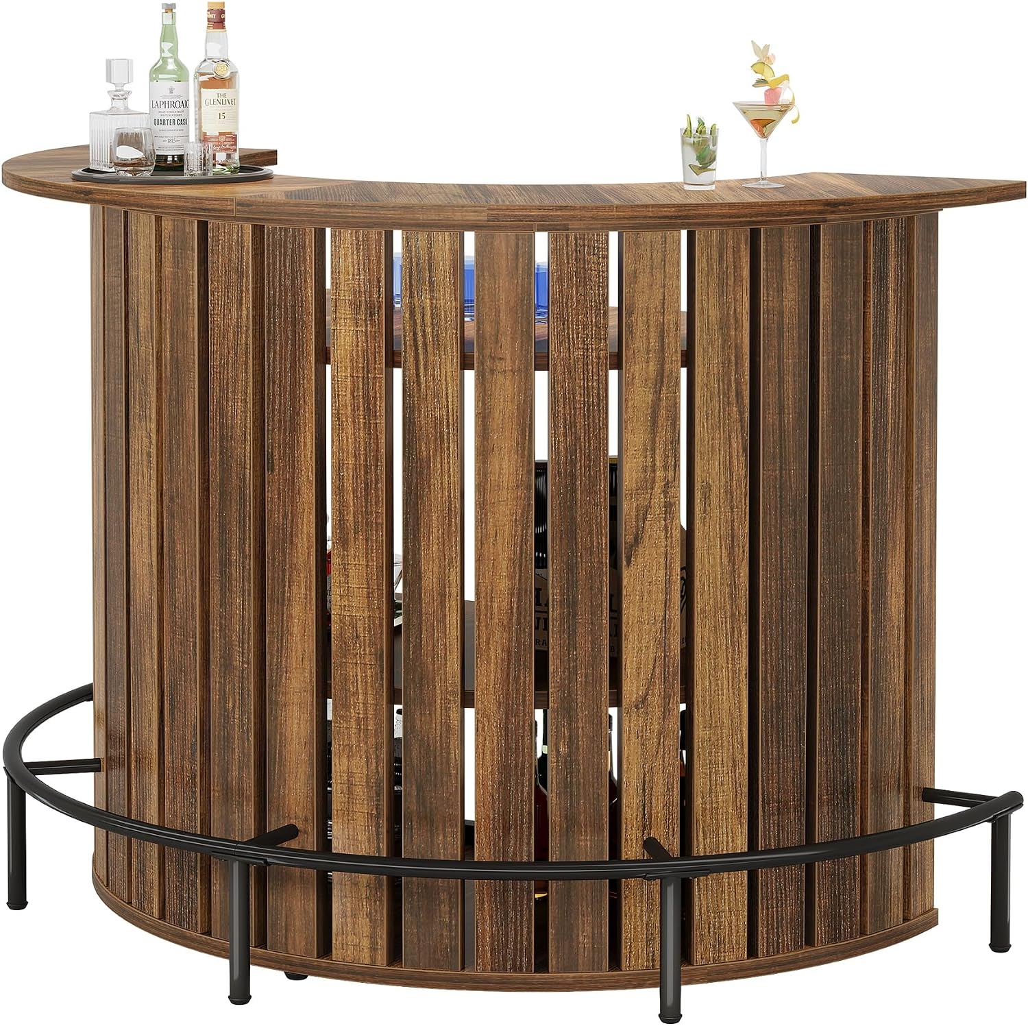 Tribesigns Bar Table with Storage, 4-Tier Arc-Shaped Mini Bar Table with Footrest for Home, Living Room, Rustic Brown (Table Only)