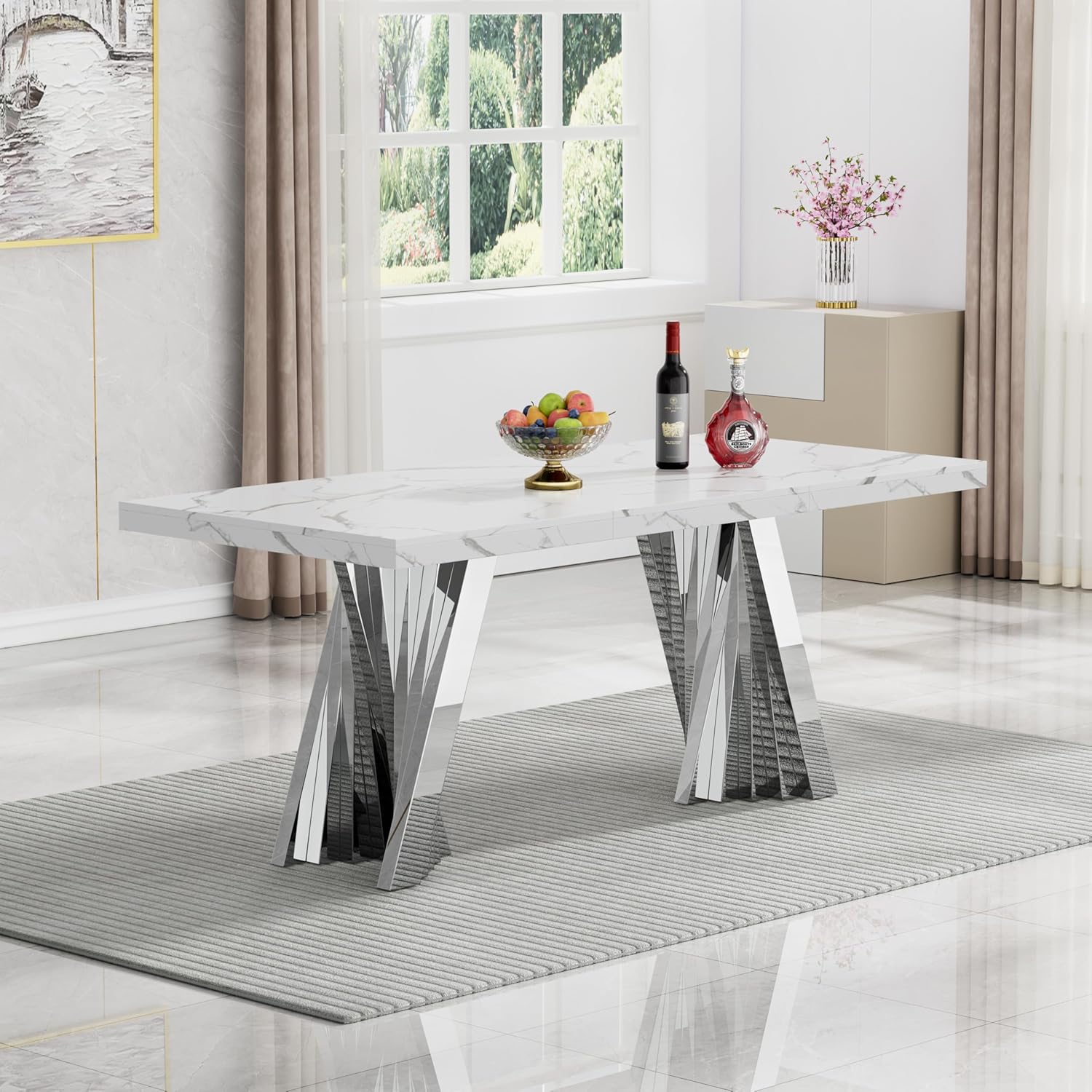 70" Faux Marble White Silver Dining Table for 6, Modern Dining Room Table with 0.71" Marble Printing MDF Top and Flash-Shaped Stainless Steel Base,Rectangular Large Kitchen Dinner Table