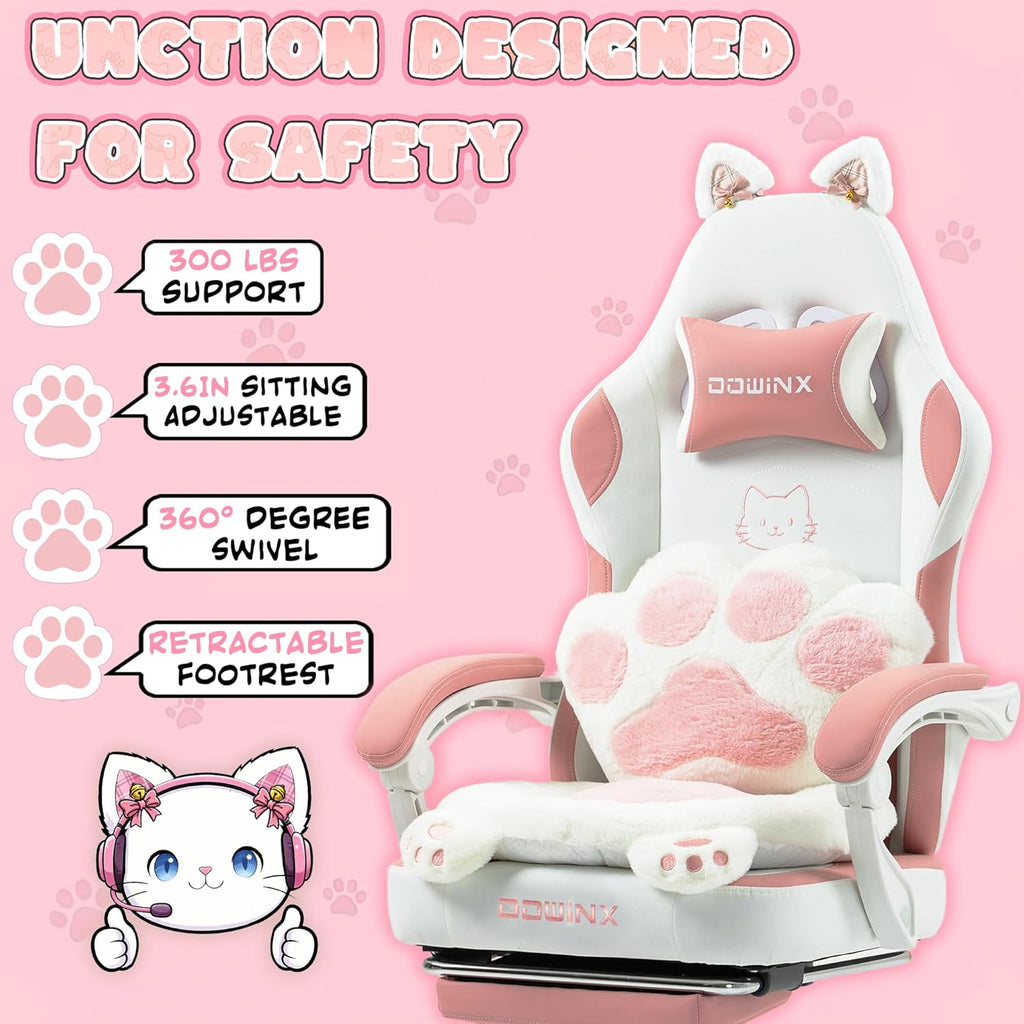 Dowinx Gaming Chair with Cat Ears and Paw Lumbar Pillow, Ergonomic Reclining Chair, Memory Foam and Spring Cushion, Footrest, 300lbs Capacity, Cute and Comfortable Design for Women & Girls