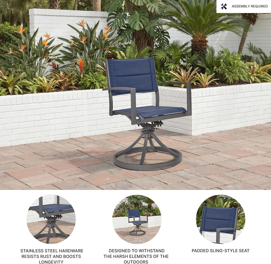 Signature Design By Ashley Point Bonita Swivel Outdoor Chair, 360-Degree Motion, Aluminum Frame with Padded Sling Seat for Patio Or Porch, All-Weather Gray/Blue, Set of 2