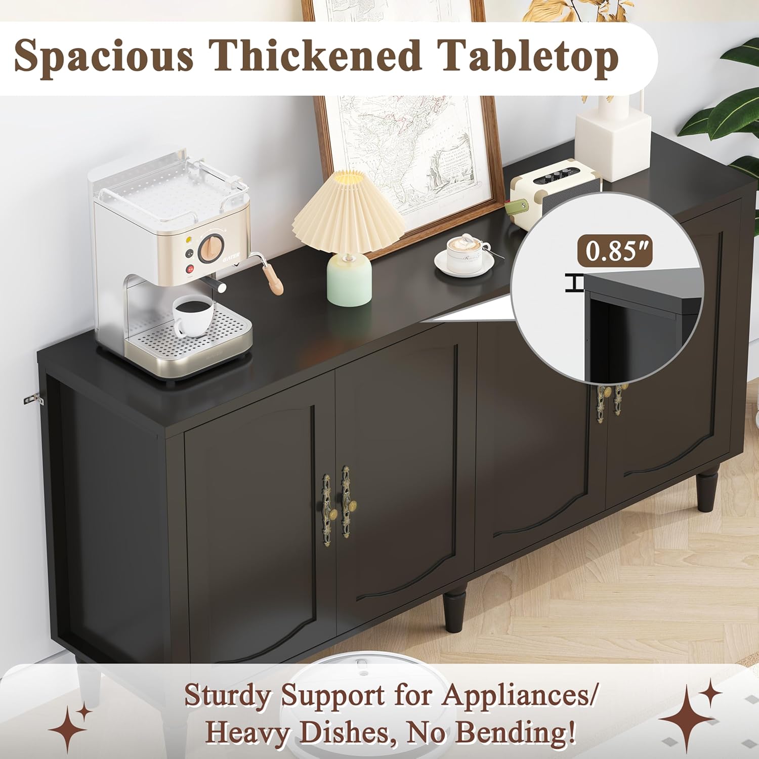fineway 63" Sideboard Buffet Cabinet, Mid Century Modern Credenza Storage Cabinet with Adjustable Shelves & Carved Handles, Large Kitchen Buffet Table Coffee Bar for Dining Room & Living Room - Black