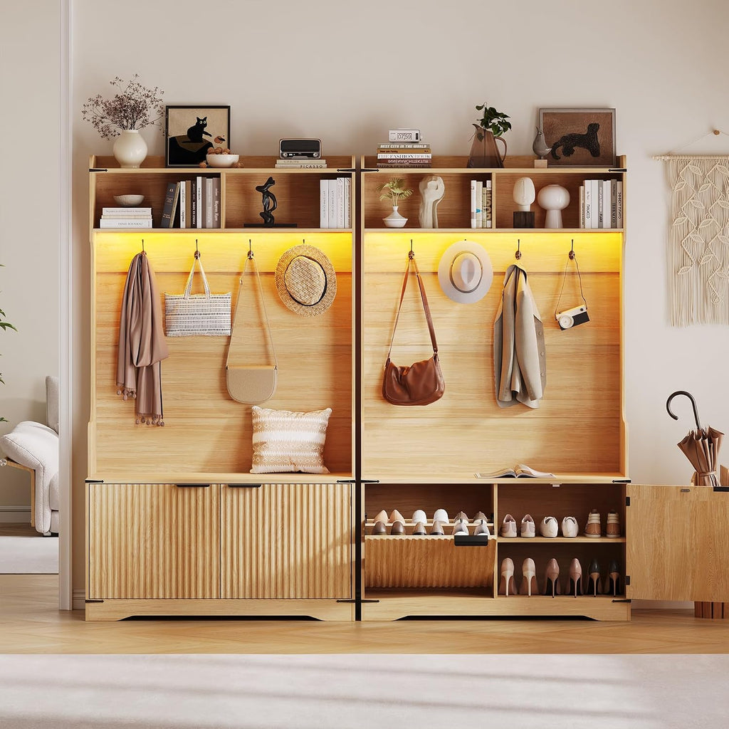 Maupvit 5-in-1 Entryway Hall Tree with Bench and Shoe Storage, Oak | Modern Coat Rack with Fluted Shoe Bench,LED Sensor Light, Adjustable Shelves & Flip Drawers,for Mudroom, Hallway, Living Room