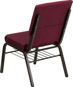 Flash Furniture 4 Pack HERCULES Series 18.5''W Church Chair in Burgundy Patterned Fabric with Book Rack - Gold Vein Frame