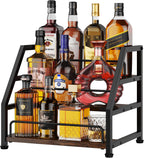 HapiRm Liquor Bottle Display Shelf - 3-Tier Stepped Liquor Cabinet Bar with Protective Fence, Countertop Wine Rack for Home