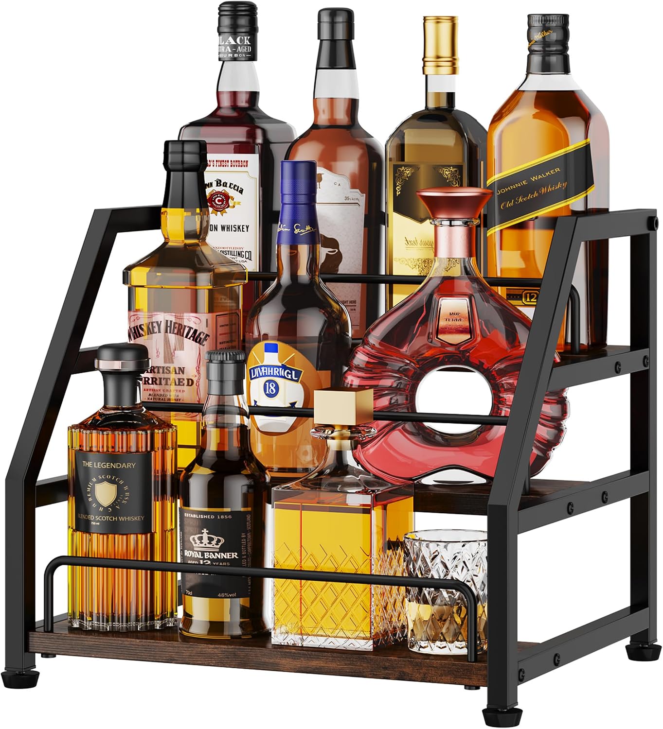 HapiRm Liquor Bottle Display Shelf - 3-Tier Stepped Liquor Cabinet Bar with Protective Fence, Countertop Wine Rack for Home
