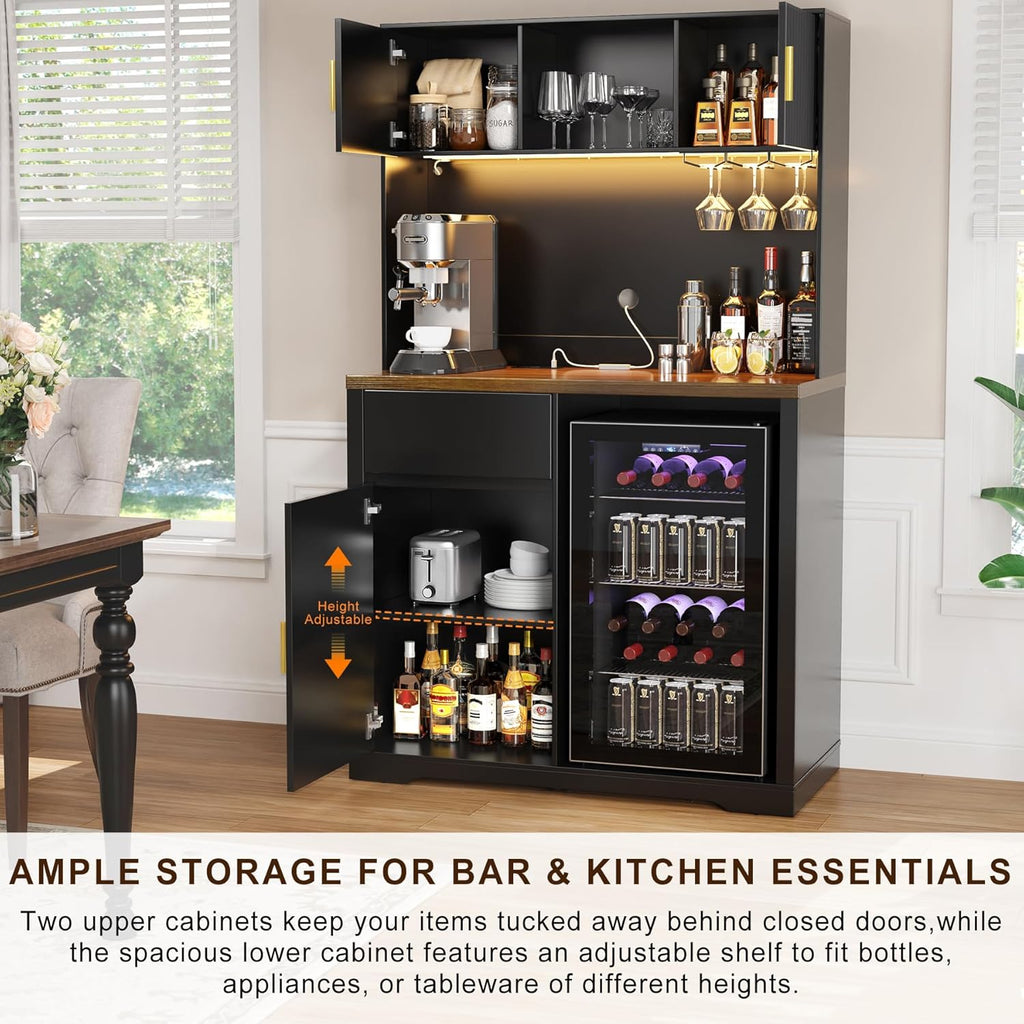 GDLF 72" Tall Bar Cabinet with Fridge Space, Fluted Coffee Liquor Hutch Cabinet with Storage, Tall Home Bar with LED Light & Power Outlet for Kitchen Dining Room or Living Area