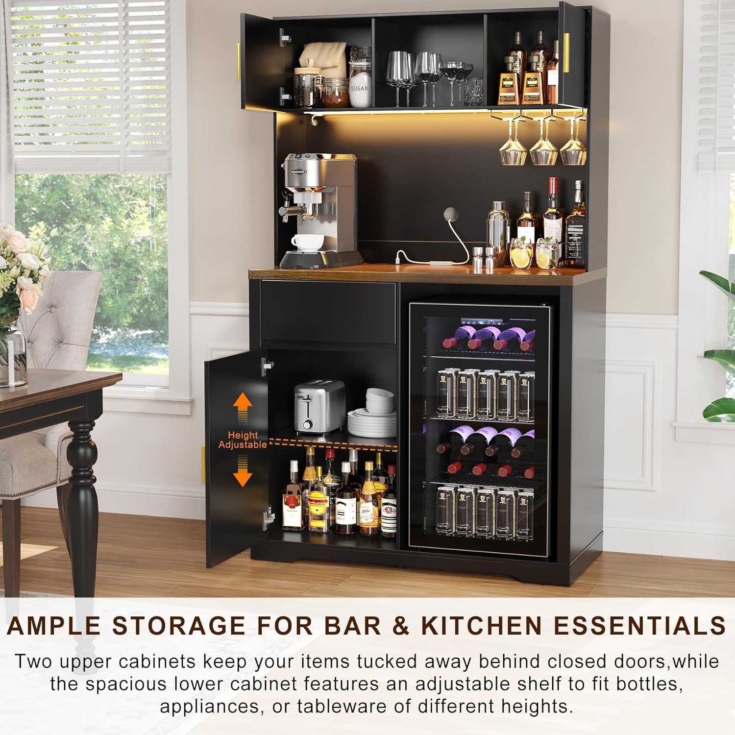 GDLF 72" Tall Bar Cabinet with Fridge Space, Fluted Coffee Liquor Hutch Cabinet with Storage, Tall Home Bar with LED Light & Power Outlet for Kitchen Dining Room or Living Area