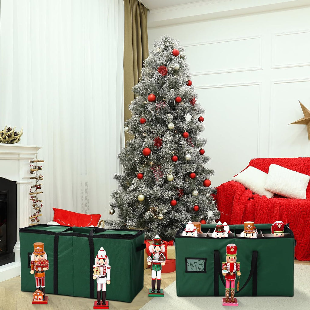 Soaoo 3 Pcs Christmas Nutcracker Storage Box 600d Canvas Christmas Figurine Collectible Storage Box Keeps 24 Holiday Figurines with Lids Handles for Santa Figure or Nutcracker Ornaments (Green)