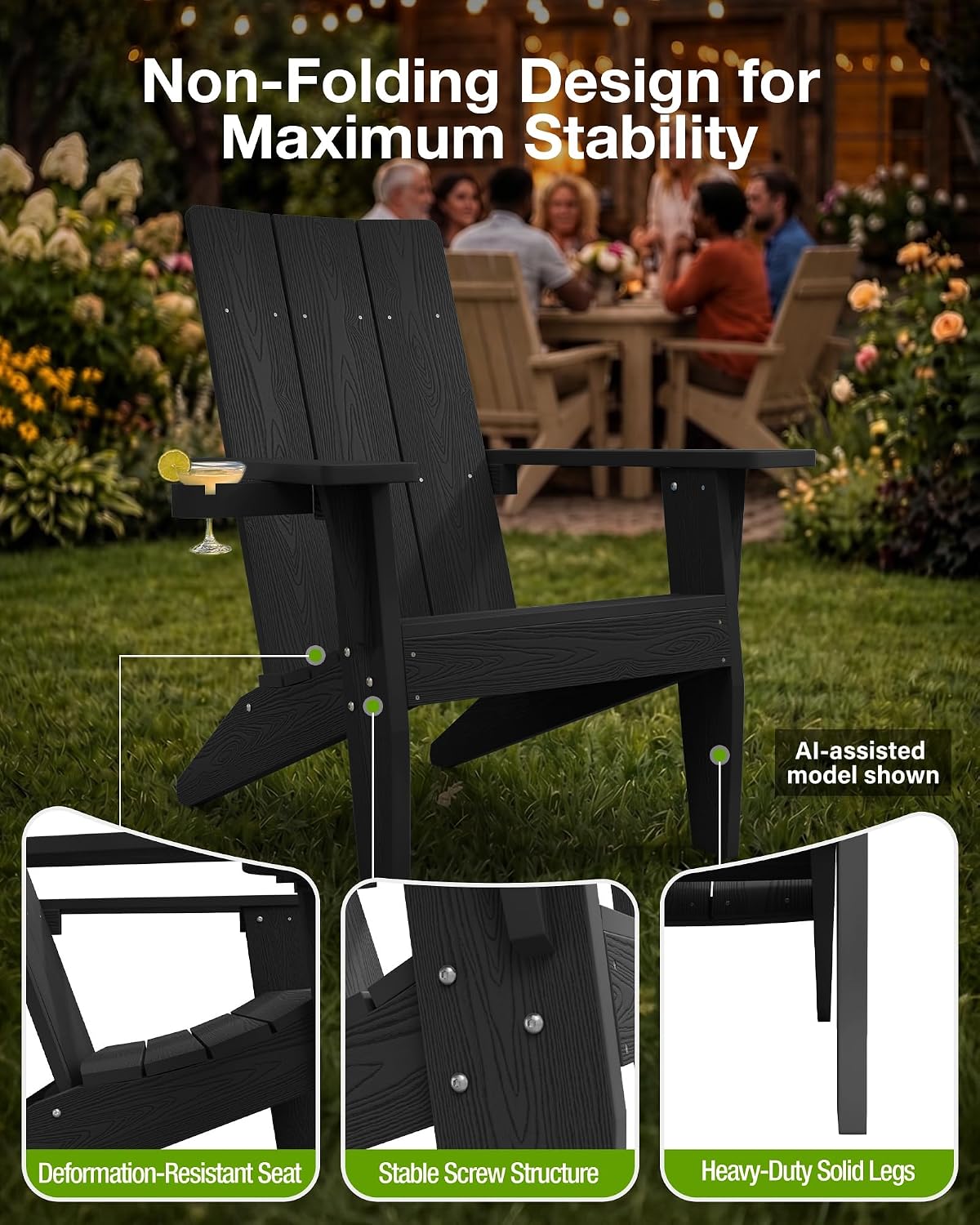 MXIMU Adirondack Chairs Set of 4 Outdoor: 450lb Capacity&33in Tall Backrest Oversized Modern Adirondack Chairs - Comfortable All-Weather Fire Pit Chair - Easy Assembly True Wood Grain Lawn Chair