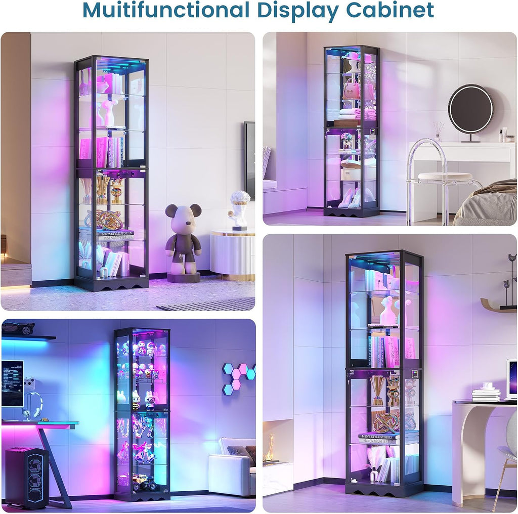 Dystler Display Cabinet with Glass Doors, 6 Tier RGB Lights Curio Cabinet | Adjustable Shelves, Human Sensor Lighting, Modern LED Display Case for Collectibles, Black