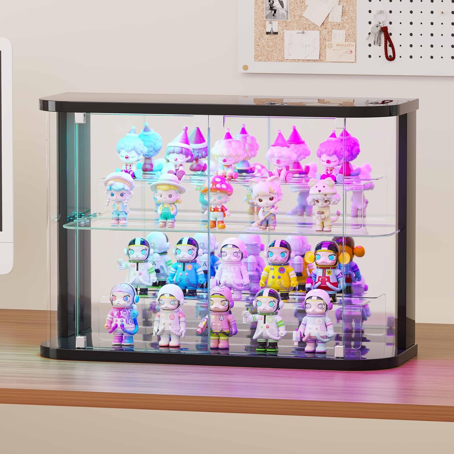 Lvifur Rounded Glass Display Case - for Figures & Collectibles, 2-Tier Curio Display Cabinet with RGB Lights, Small Lighted Display Box with Glass Door, Glass Shelf, Mirror Back, Black