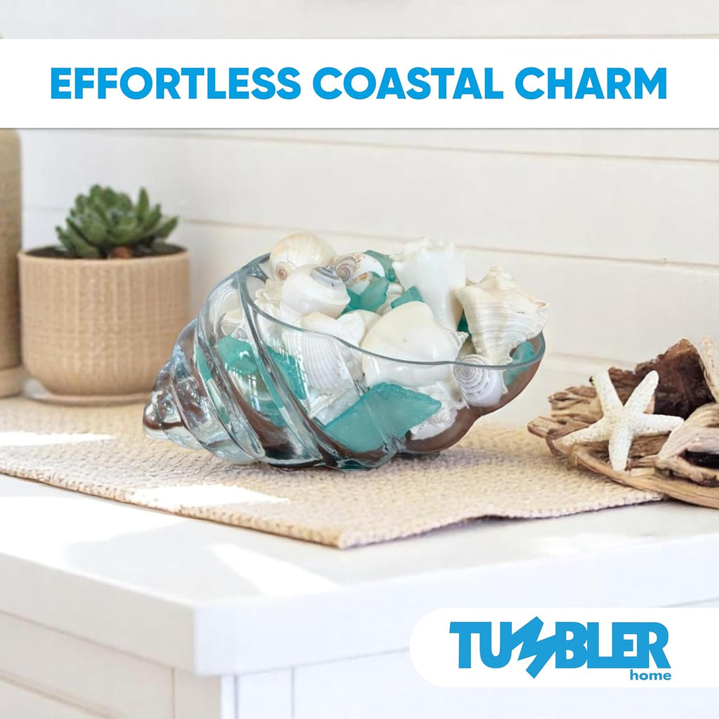 Tumbler Home White Sea Shell Mix with Aqua Sea Glass | Set Contains 1.5 lbs of Seashells and Seaglass | Beach Decor, Crafts, Wedding, Vase Filler