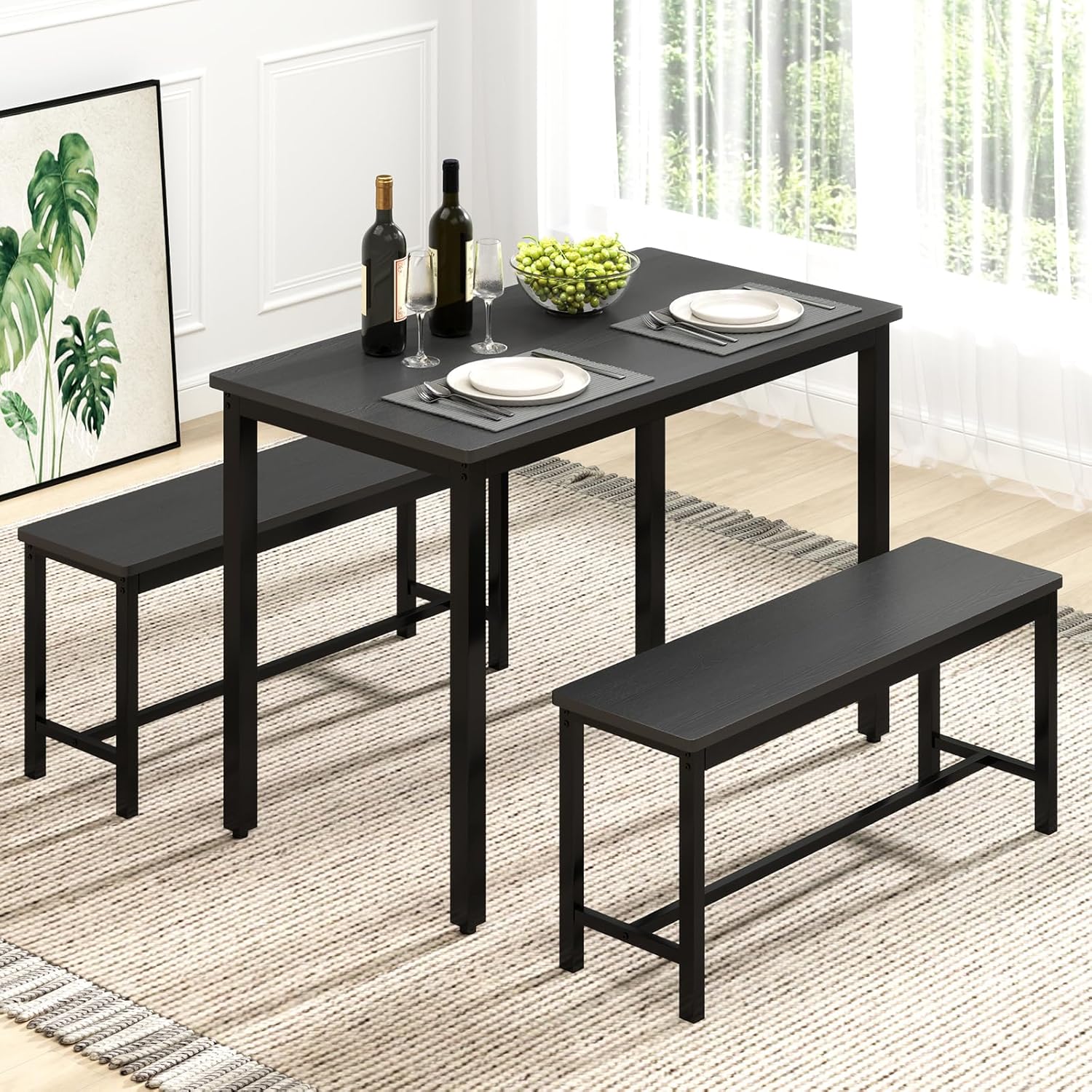 Rovibek 43" Dining Room Table Chairs Set for 4, Modern Space Saving Kitchen Table with 2 Benches & Adjustable Feet Breakfast Table, Wooden Industrial Style Farmhouse, Jet Black