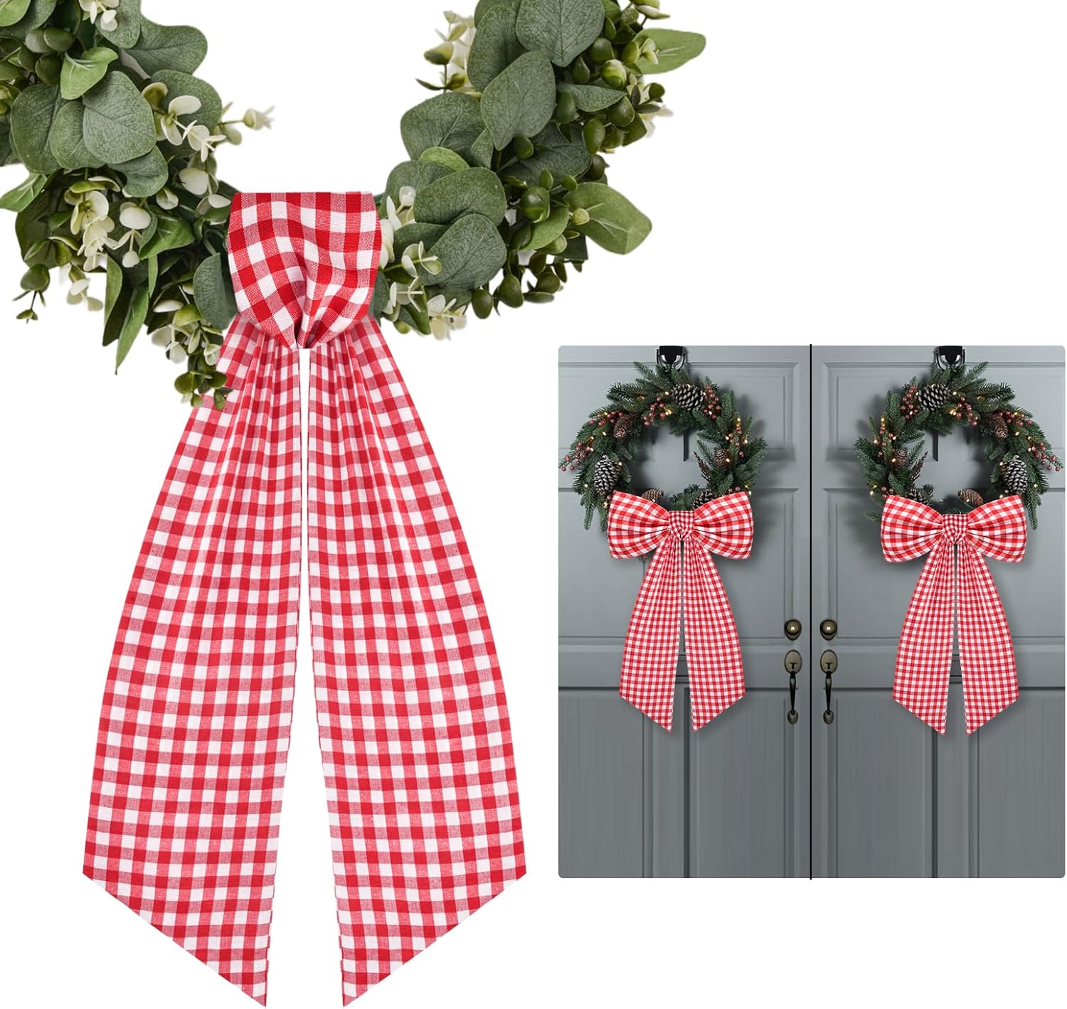 2 Pack Wreath Sash for Front Door Boxwood Wreath Sash Garland Front Door Porch Decor(White and Red Plaid)