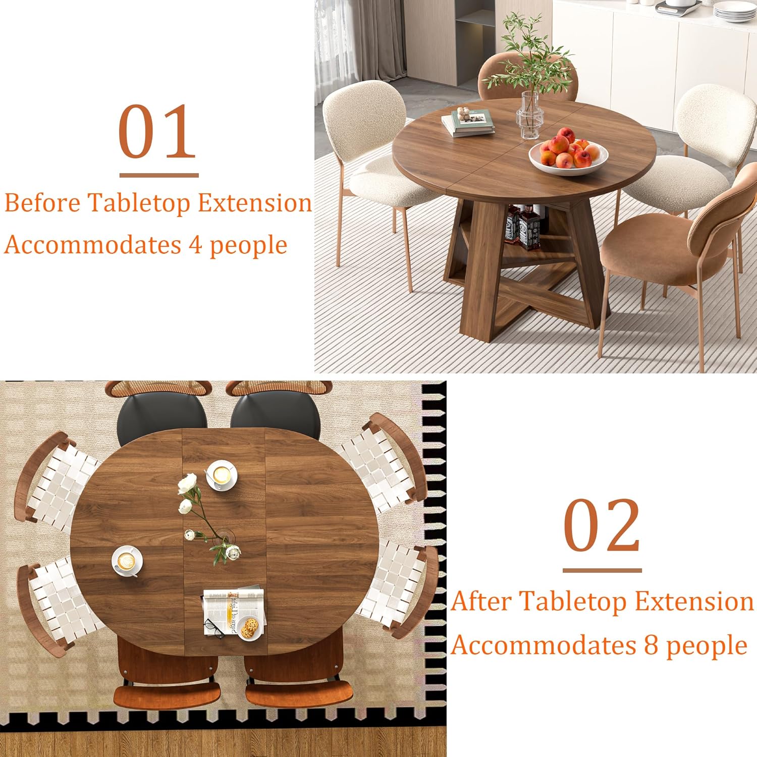43.3in-59in Extendable Round Dining Table for 4-8,Modern Kitchen Oval Dining Table with Removable Leaves Space Saving,Wood Base with Storage Shelf for Kitchen Living Room (Walnut)