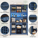 Merax 70.9" Tall Kitchen Pantry Storage Cabinet with Charging Station and LED Lights, Rustic Kitchen Hutch Food Pantries with Wine Rack, Drawer & Adjustable Shelves for Dining Room, Navy Blue