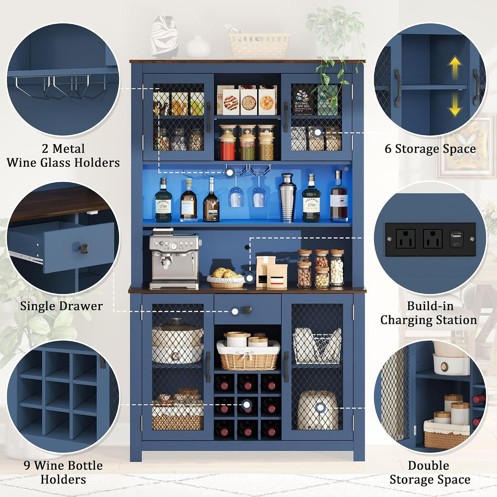 70.9” Farmhouse Kitchen Pantry Cabinet with LED Light & Power Outlets, Rustic Buffet Hutch with Wine Rack Glass Holder Drawer and Adjustable Shelves for Dining Room Coffee Bar Blue