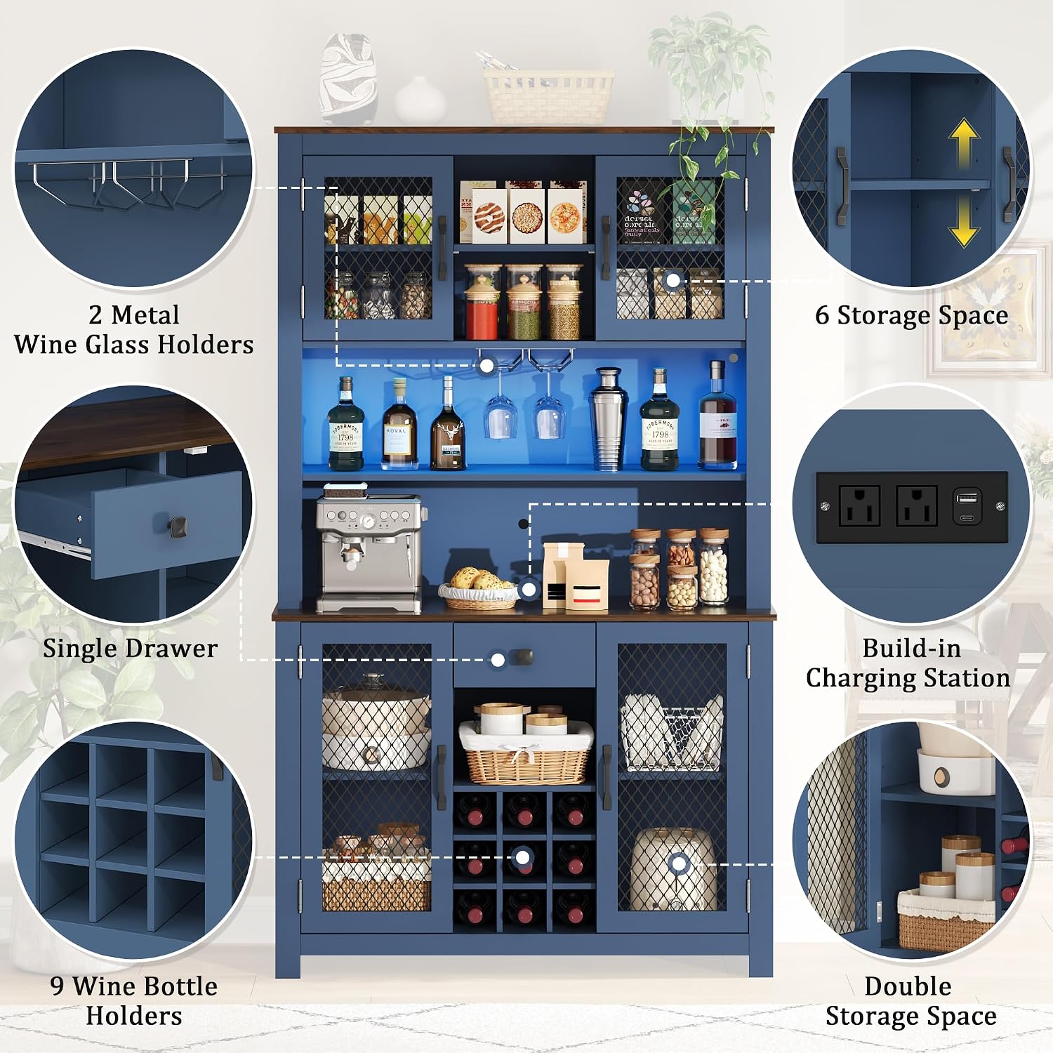 70.9" Kitchen Pantry Storage Cabinet Rustic Buffet Cabinet, Kitchen Hutch Cabinet with LED Outlets Food Pantry with Doors and Shelves Wine Rack for Dining Room, Navy Blue