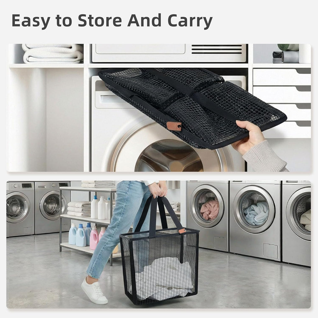 STORAGE MANIAC Collapsible Laundry Basket, 16.9 Gal. Large Pop-up Laundry Hamper with Long Carry Handles, Space-Saving Foldable Clothes Hamper with Bottom Elastic Band, Travel Laundry Bags, Mesh Black