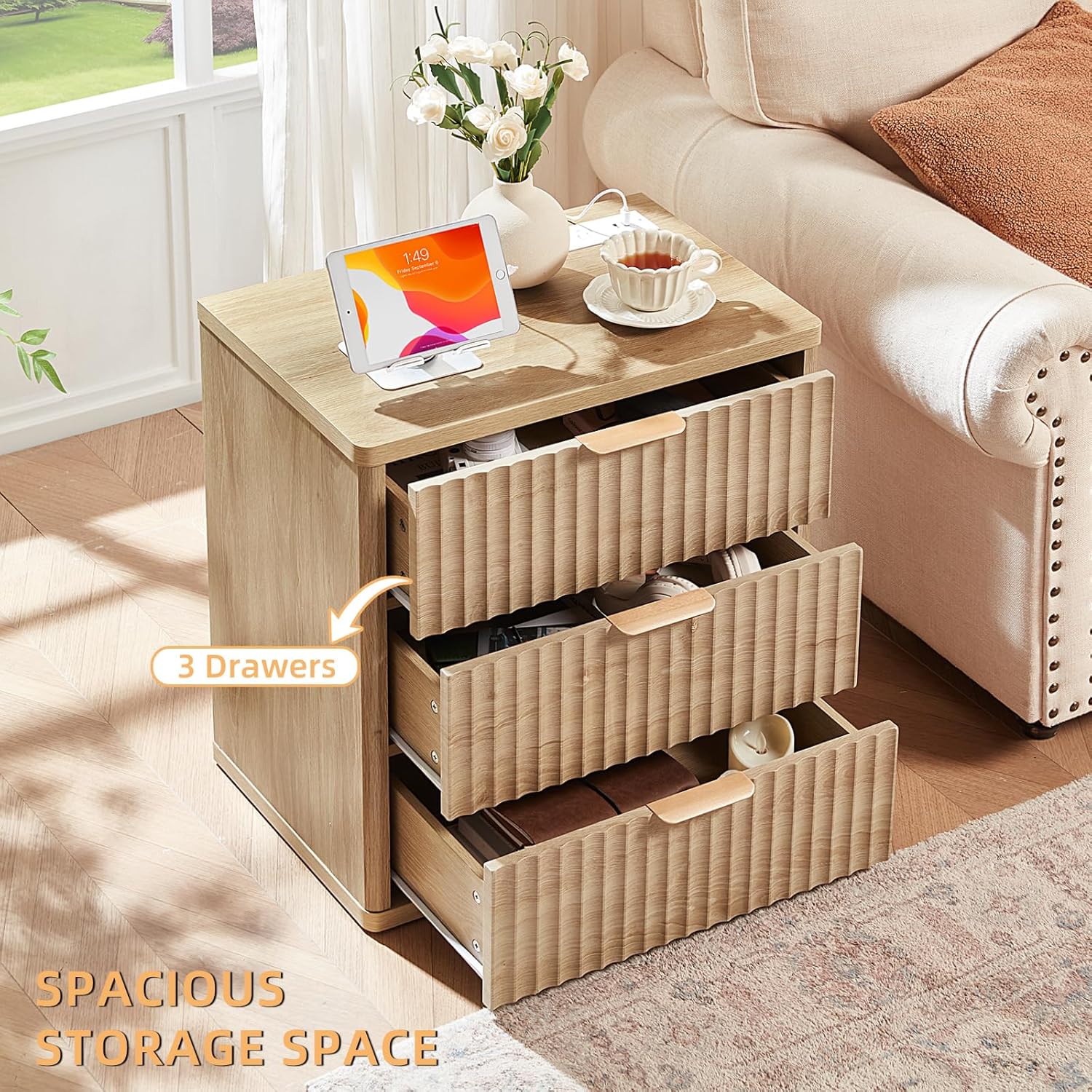 LEYAOYAO 23" Wide Fluted Farmhouse Night Stand Set of 2 with Charging Station, 3 Drawers Large End Table w/Metal Handle, Natural Nightstand Bedside Table,Wood Dresser for Bedroom, Closet