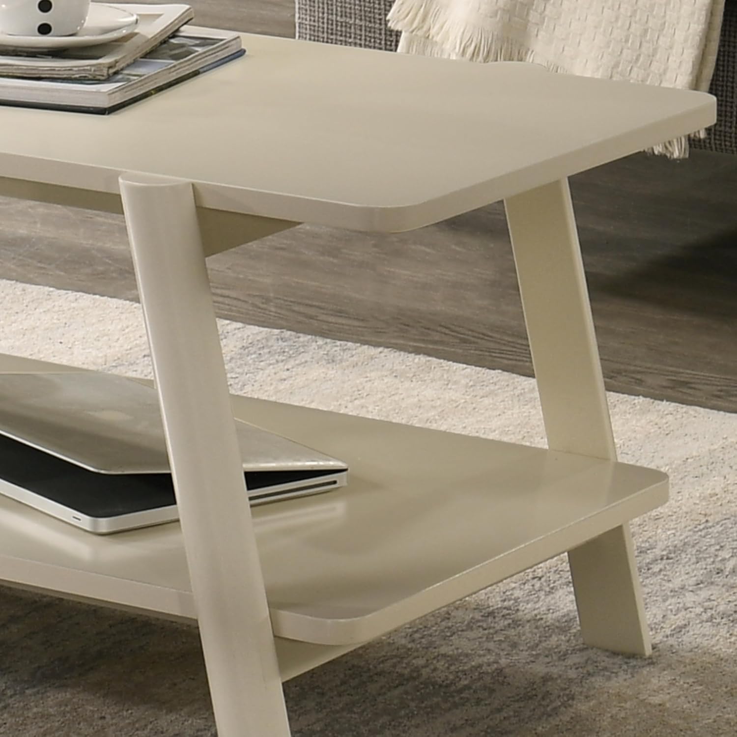 Roundhill Furniture Metz Mid-Century Modern Wood Shelf End Table, Off-White Finish